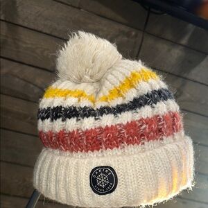 Dakine Multi Layered Knit Winter Beenie Pom-Pom Cream w/Stripes Rust Grey Yellow